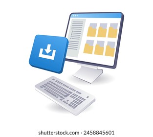 Download upload computer data, infographics 3d flat isometric illustration