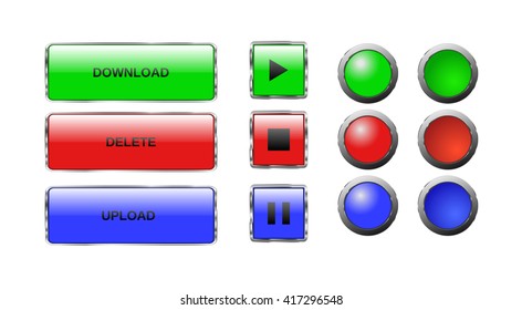 Download upload delete glass button set, press, hover. Web button icon: play, stop, pause button, download bar, upload, delete, round buttons. Red, blue, green.