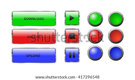 Download upload delete glass button set, press, hover. Web button icon: play, stop, pause button, download bar, upload, delete, round buttons. Red, blue, green.