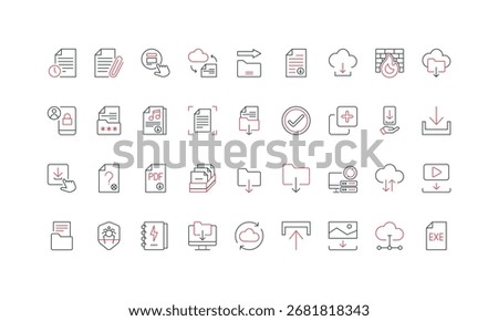 Download and upload document and archive, image and video in network line icon set. File metadata, access control and antivirus scan, firewall thin black and red outline symbols vector illustration