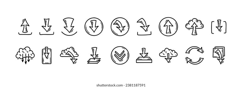 Download and upload file doodle icons set. Hand drawn sketch interface buttons. Cloud data server technology. Digital storage arrow pictogram.