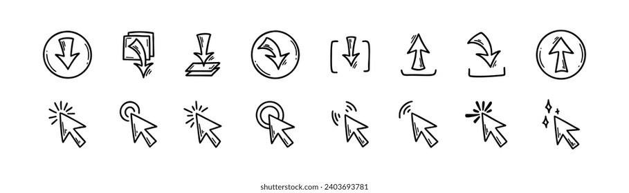 Download und Upload von Dodle-Icons für Dateien. Handgezeichnete Schaltflächen für die Skizze. Datenservertechnologie. Piktogramm für digitale Speicherpfeile 