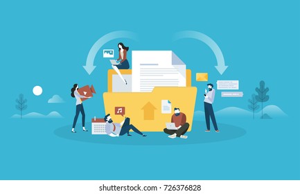 Download and upload. Flat design people and technology concept. Vector illustration for web banner, business presentation, advertising material.