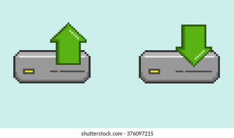 Download & Upload Icon in 8-bit Style, a vector illustration of a download and an upload icon in 8-bit style graphic, isolated on a simple background (editable).
