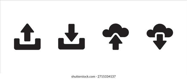 Download and upload icon button set. Icon symbol for download, upload, send file, document, receive, cloud upload, cloud download, cloud storage. Vector icon illustration.
