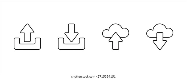 Download and upload icon button set. Icon symbol for download, upload, send file, document, receive, cloud upload, cloud download, cloud storage. Vector icon illustration.