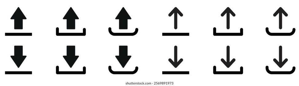 Download and upload icon buttons set black and white vector.
