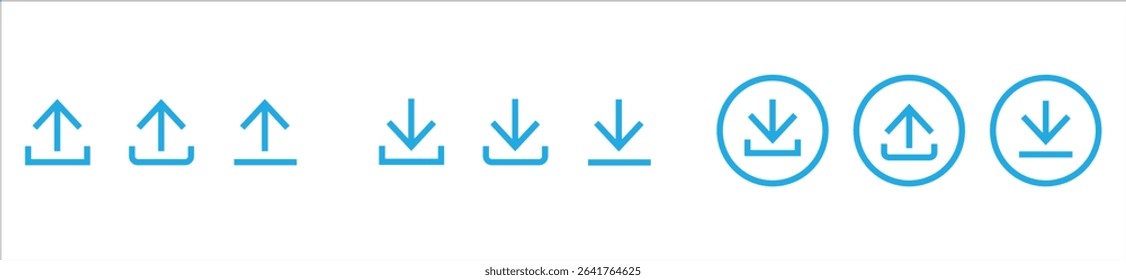 Download and upload icon buttons set. Download and upload icon. Files download and upload icons symbol in line and flat style on white background. Vector illustration