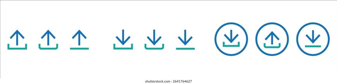 Download and upload icon buttons set. Download and upload icon. Files download and upload icons symbol in line and flat style on white background. Vector illustration