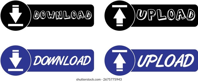Descarga y Cargar Icon Botones Vector Set. Símbolos de transferencia de datos para el diseño de Web y App, con varios estilos, incluidas las etiquetas de texto, las versiones en sólido, delineadas y en color