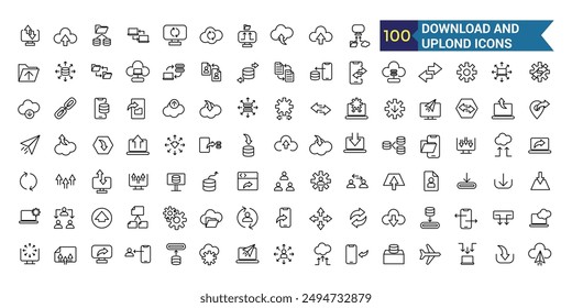 Download and upload icon collection. Outline icon collection. Editable vector stroke.