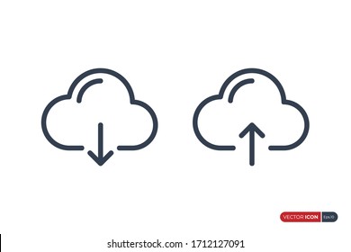 Download and Upload Icon. Up and Down Arrow with Cloud Linear Style Outside isolated on White Background. Flat Vector Icon Design Template Elements.