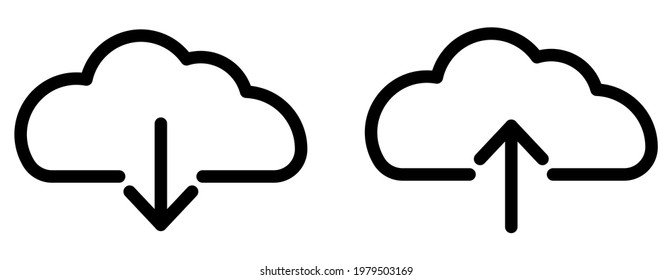 Download and Upload Icon. Up and Down Arrow with Cloud. Linear Style. Isolated on White Background
