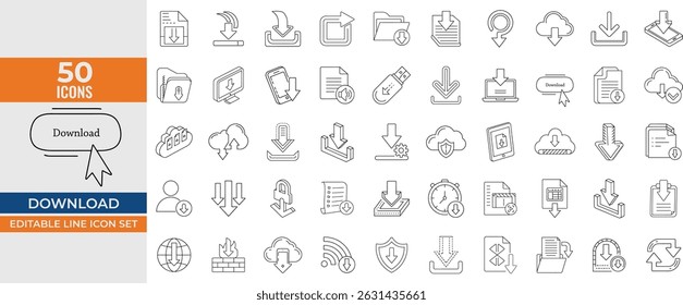 Download and Upload Icon Set – Editable Vector Line Icons of Files, Folders, Arrows, Cloud Storage, Documents, and Web Buttons.