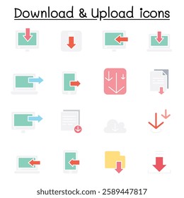 Download and Upload icon set in flat color style