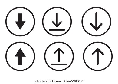 Download  and upload icon set on white background. Up and down arrow icon vector isolated on circle line background. Vector illustration.

