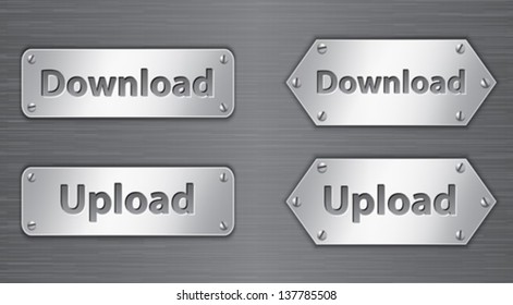 Download and upload metallic buttons on brushed metal background. Vector illustration