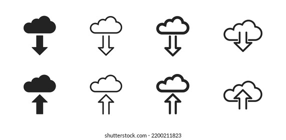 download upload vector icons set, vector network element, cloud symbol, computer interface, linear design, downloading concept