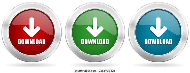 Download vector icon set. Red, blue and green silver metallic web buttons with chrome border