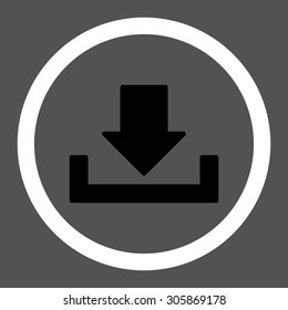 Download vector icon. This rounded flat symbol is drawn with black and white colors on a gray background.