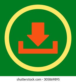 Download vector icon. This rounded flat symbol is drawn with orange and yellow colors on a green background.