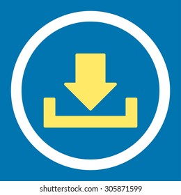Download vector icon. This rounded flat symbol is drawn with yellow and white colors on a blue background.