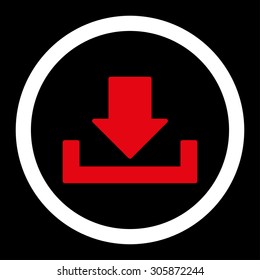 Download vector icon. This rounded flat symbol is drawn with red and white colors on a black background.