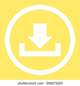 Download vector icon. This rounded flat symbol is drawn with white color on a yellow background.