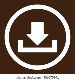 Download vector icon. This rounded flat symbol is drawn with white color on a brown background.