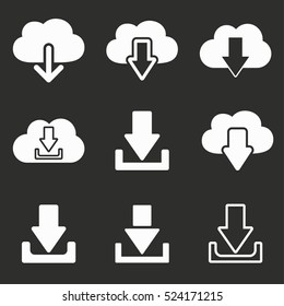 Download vector icons set. White illustration isolated on black background for graphic and web design.