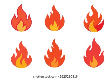 Download a vibrant set of 6 crayon-style fire flame icons. Red pastel strokes, scribble punk art, abstract heat graphics, perfect for logos, design, and creative projects on white backgrounds.