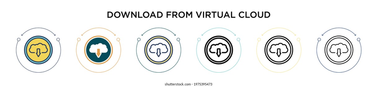 Download from virtual cloud icon in filled, thin line, outline and stroke style. Vector illustration of two colored and black download from virtual cloud vector icons designs can be used for mobile, 