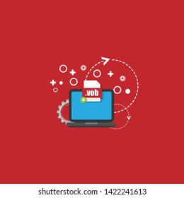 Download vob file icon on pc screen. Downloading file concept. File with vob icon and green down arrow sign