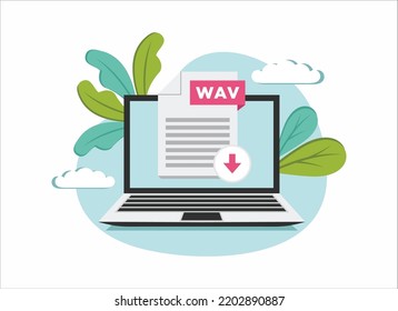 Download WAV icon file with label on laptop screen. Downloading document concept. Banner for business