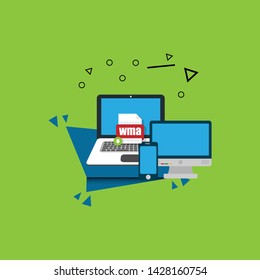 Download wma file icon on pc screen. Downloading file concept. File with wma icon and green down arrow sign