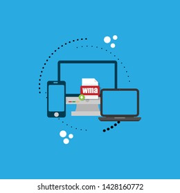 Download wma file icon on pc screen. Downloading file concept. File with wma icon and green down arrow sign