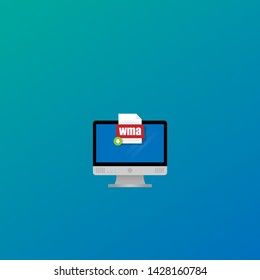 Download wma file icon on pc screen. Downloading file concept. File with wma icon and green down arrow sign