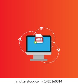Download wma file icon on pc screen. Downloading file concept. File with wma icon and green down arrow sign