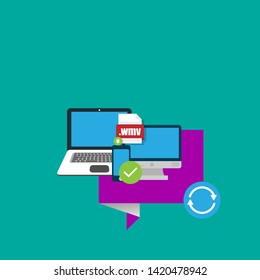 Download wmv file icon on pc screen. Downloading file concept. File with wmv icon and green down arrow sign