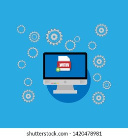 Download wmv file icon on pc screen. Downloading file concept. File with wmv icon and green down arrow sign