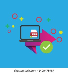 Download wmv file icon on pc screen. Downloading file concept. File with wmv icon and green down arrow sign