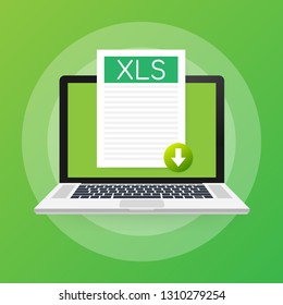 Download XLS button on laptop screen. Downloading document concept. File with XLS label and down arrow sign. Vector stock illustration.