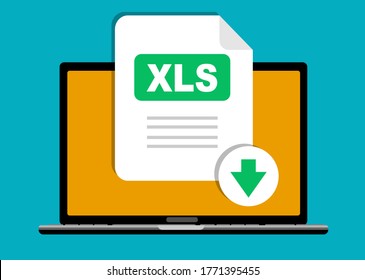 Download XLS button on laptop screen. Downloading document concept. File with XLS label and down arrow sign. Vector stock illustration.