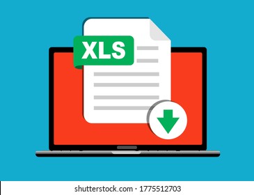 Download XLS button on laptop screen. Downloading document concept. File with XLS label and down arrow sign. Vector stock illustration.
