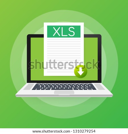 Download XLS button on laptop screen. Downloading document concept. File with XLS label and down arrow sign. Vector stock illustration.