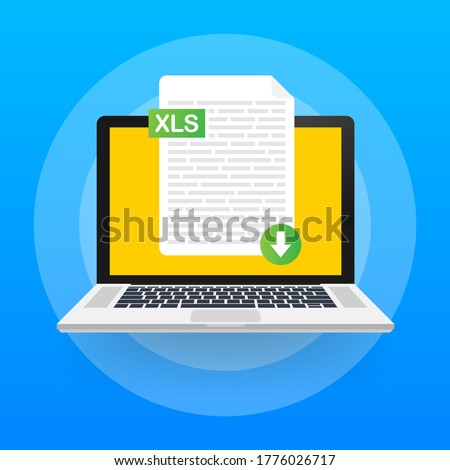 Download XLS button on laptop screen. Downloading document concept. File with XLS label and down arrow sign. Vector illustration.