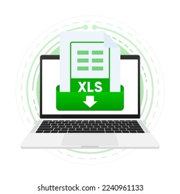 Download XLS file with label on laptop screen. Downloading document concept. View, read, download XLS file on laptops and mobile devices. Vector illustration.