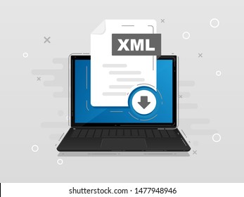 Download XML icon file with label on laptop screen. Downloading document concept. Banner for business, marketing and advertising. Vector Illustration.