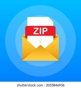 ZIP-Schaltfläche herunterladen. Konzept des Dokuments herunterladen. Datei mit dem ZIP-Label und nach unten zeigenden Pfeilzeichen. Vektorgrafik.
