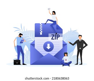 Download Zip File. Group Of People With Zip Document. Isometric Vector. Icon Vector